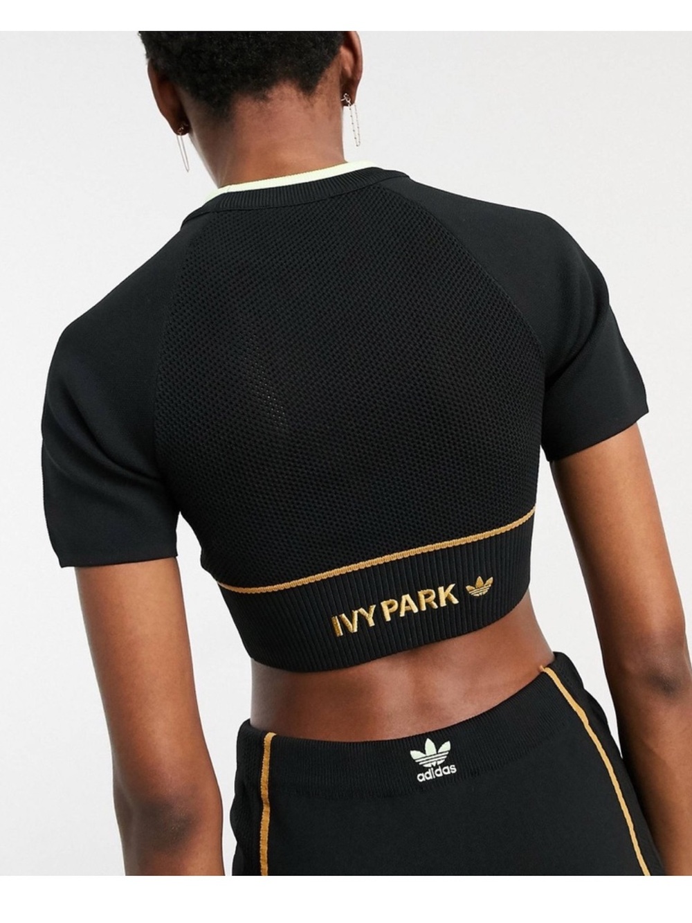 IVY PARK Black Cropped Ribbed Top with Neon Green Neckline and Gold Piping